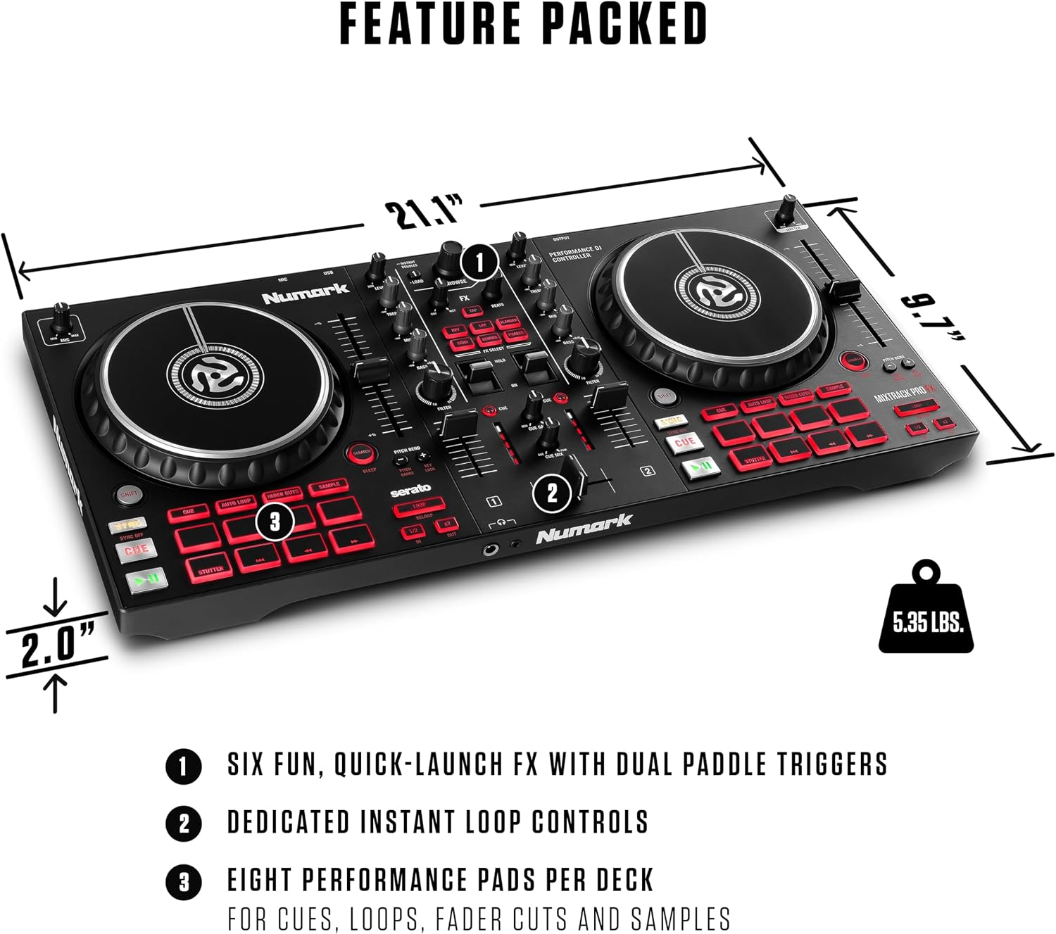 Mixtrack Pro FX DJ Controller | 2-Decks, 3-Band EQ DJ Mixer, 16 Pads, 2 Effects Paddles, Audio Interface, Serato DJ Lite