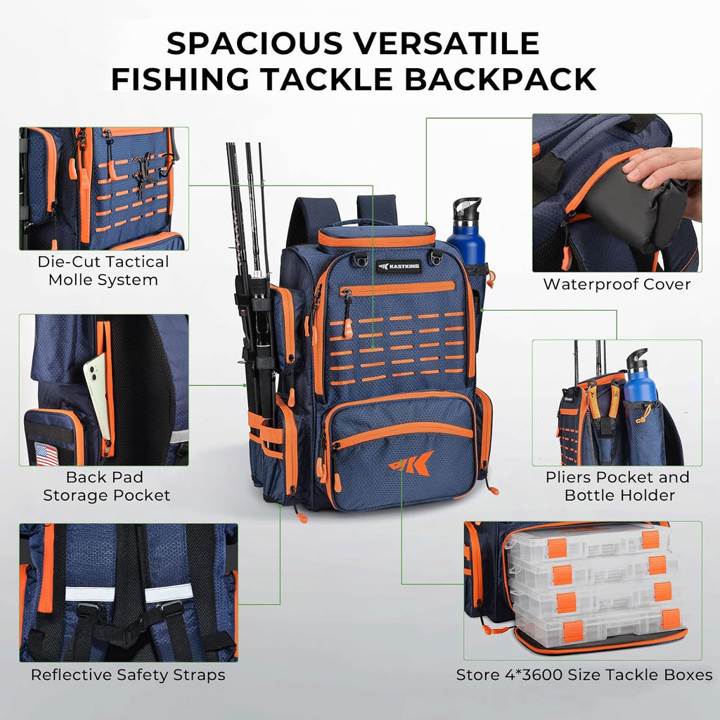 Bait Boss Fishing Tackle Backpack with Rod Holders-4 Tackle Boxes-Rain Cover,Storage for Fishing Gear