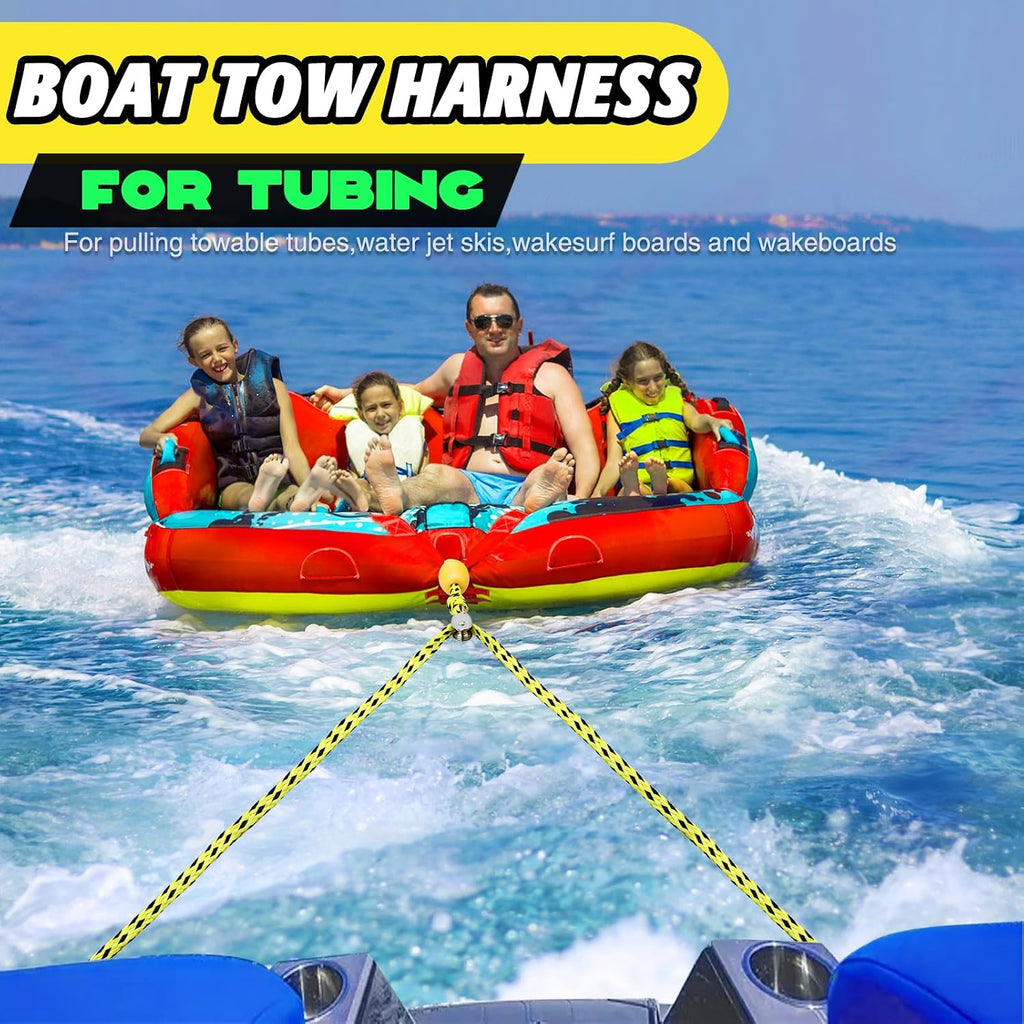 Boat Tow Harness for Tubing, Heavy-Duty 13ft Self Centering Tow Rope Up to 4 Riders with Float Ball, Stainless Steel