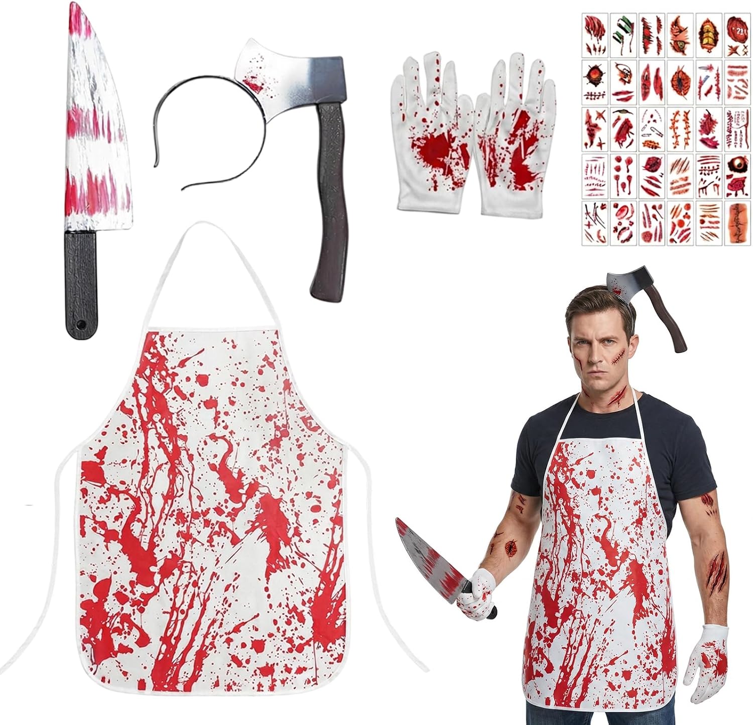 Butcher Costume Set, Scary Halloween Costumes with Apron and Props