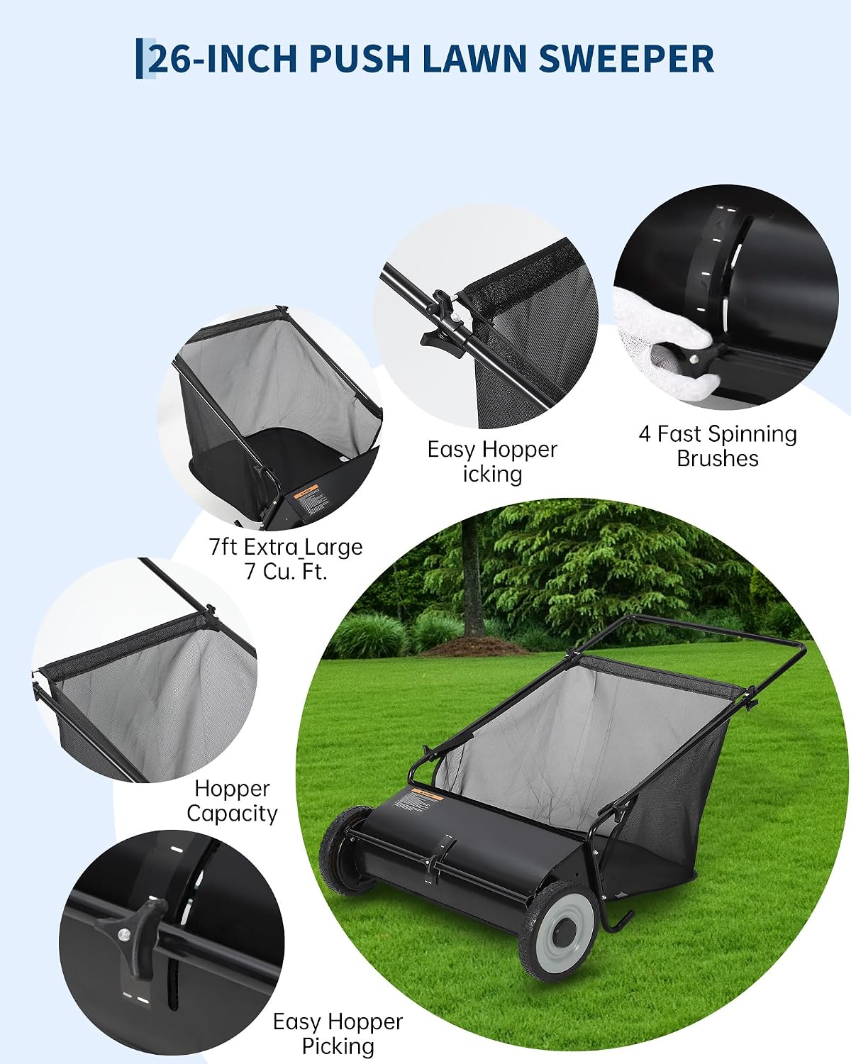 26 Inch Push Lawn Sweeper with 4 Spinning Brushes, 7 Cu.ft Large Capacity Leaf Collector, Adjustable Height Grass