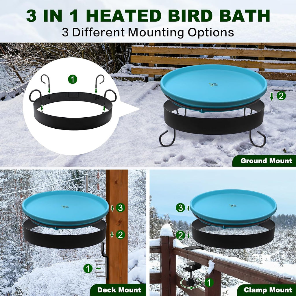 Heated Bird Bath for Outdoors for Winter, 3 Easy Ways to Mount Detachable Bird Bath Bowl, 75W Heated Bird Baths with