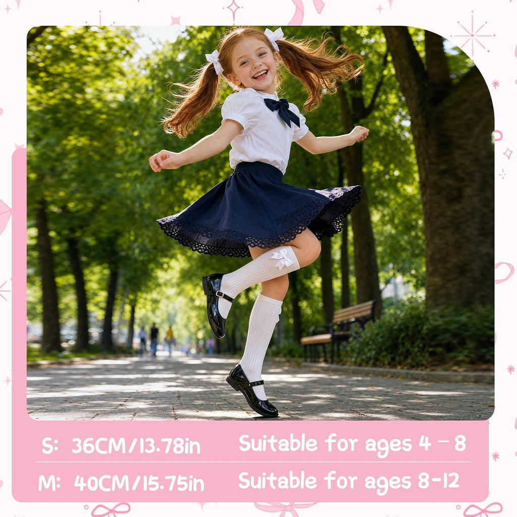 4 Pairs Girls Bow Knee High Socks Girls School Socks, 4-12 Years | Multicolor Choice with Cute Bow for Girls' School