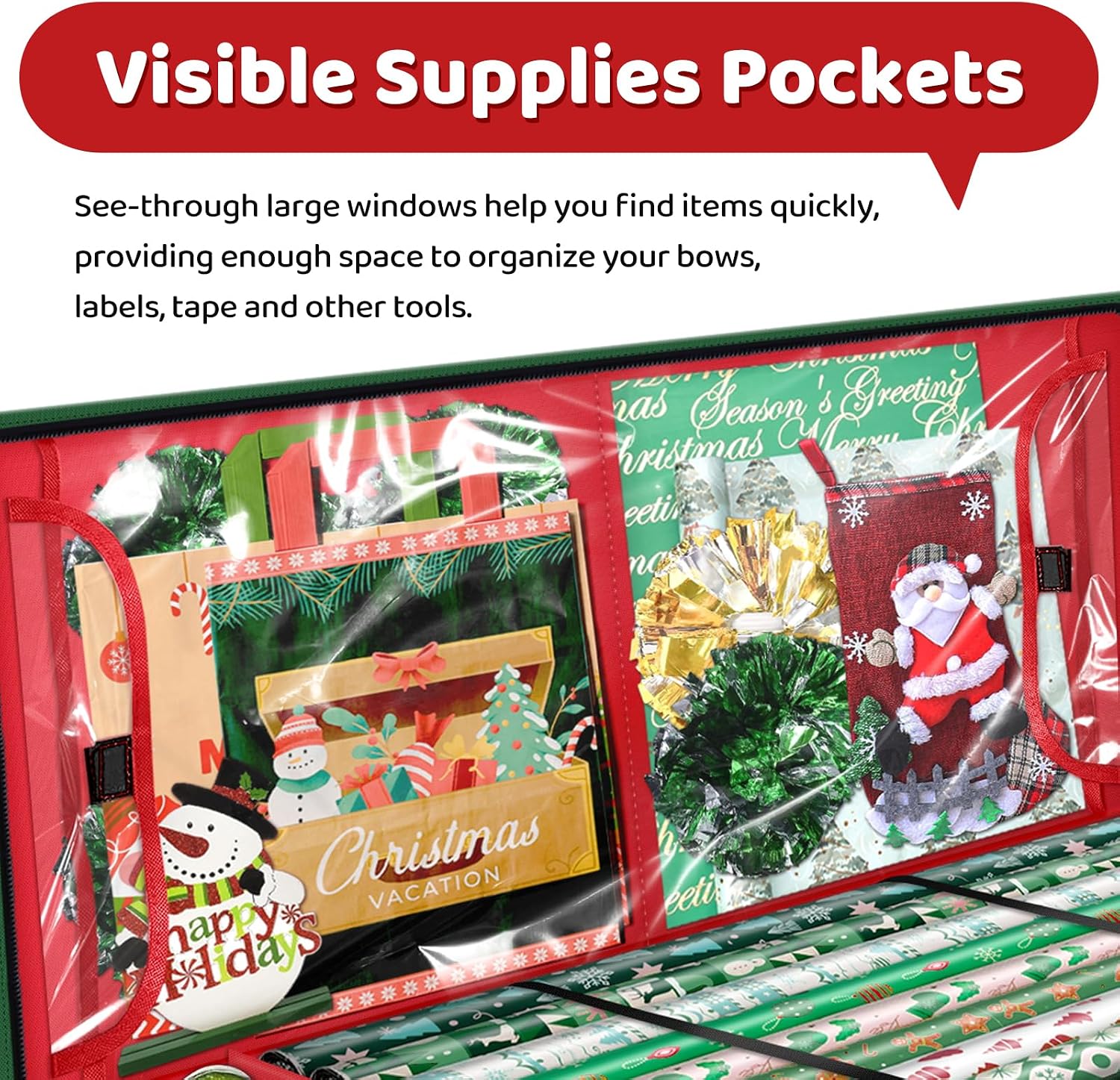 Christmas Wrapping Paper Storage Containers, 40 Inch Gift Wrap Organizer, Visible Supplies Pockets for Xmas
