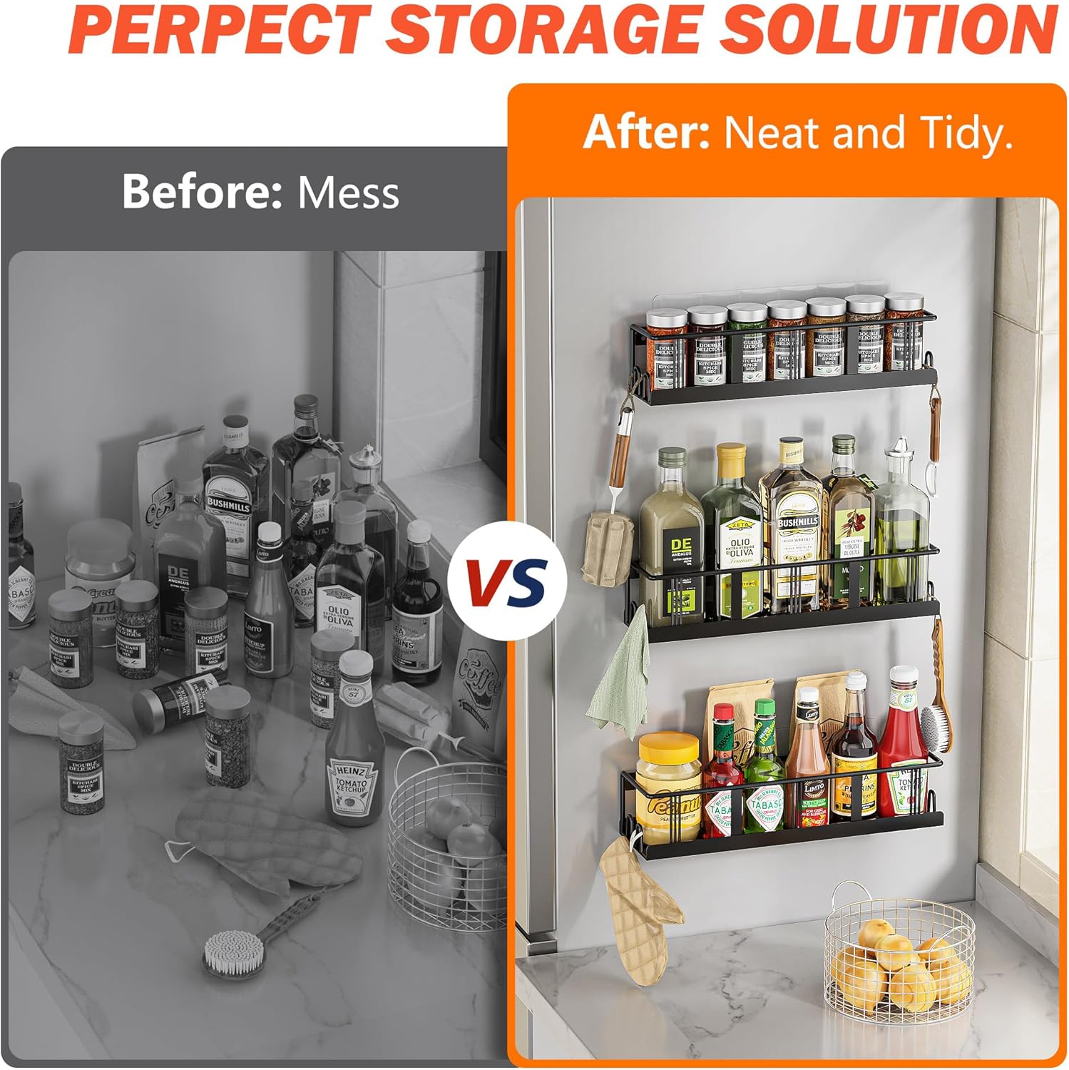 Spice Rack Wall Mounted 2 Pack,RV Spice Rack,Black | 8 Built-in Hooks,2 Versatile Sizes, Space-Saving,Flat Base
