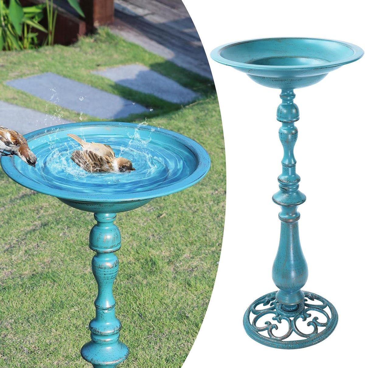 26.6"H Cast Iron Pedestal Bird Bath,Metal Birdbath for Outdoors (Blue)