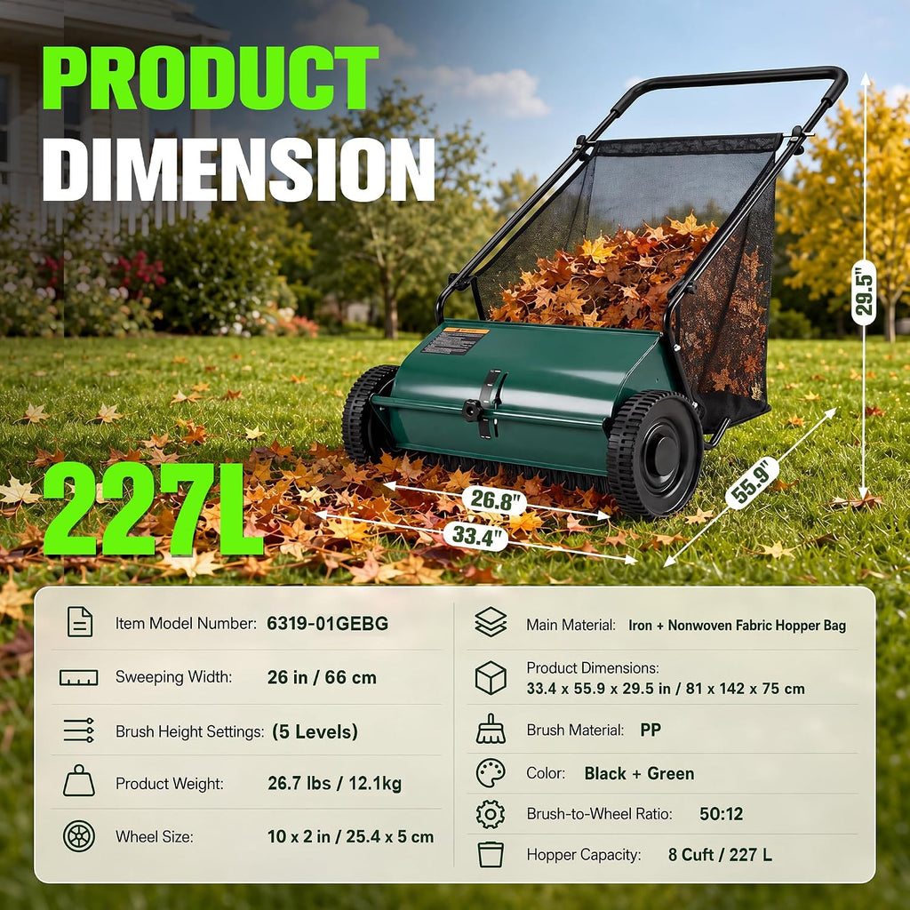 26" Push Lawn Sweeper with 8 Cuft Hopper Bag,Adjustable Brush Height, Green