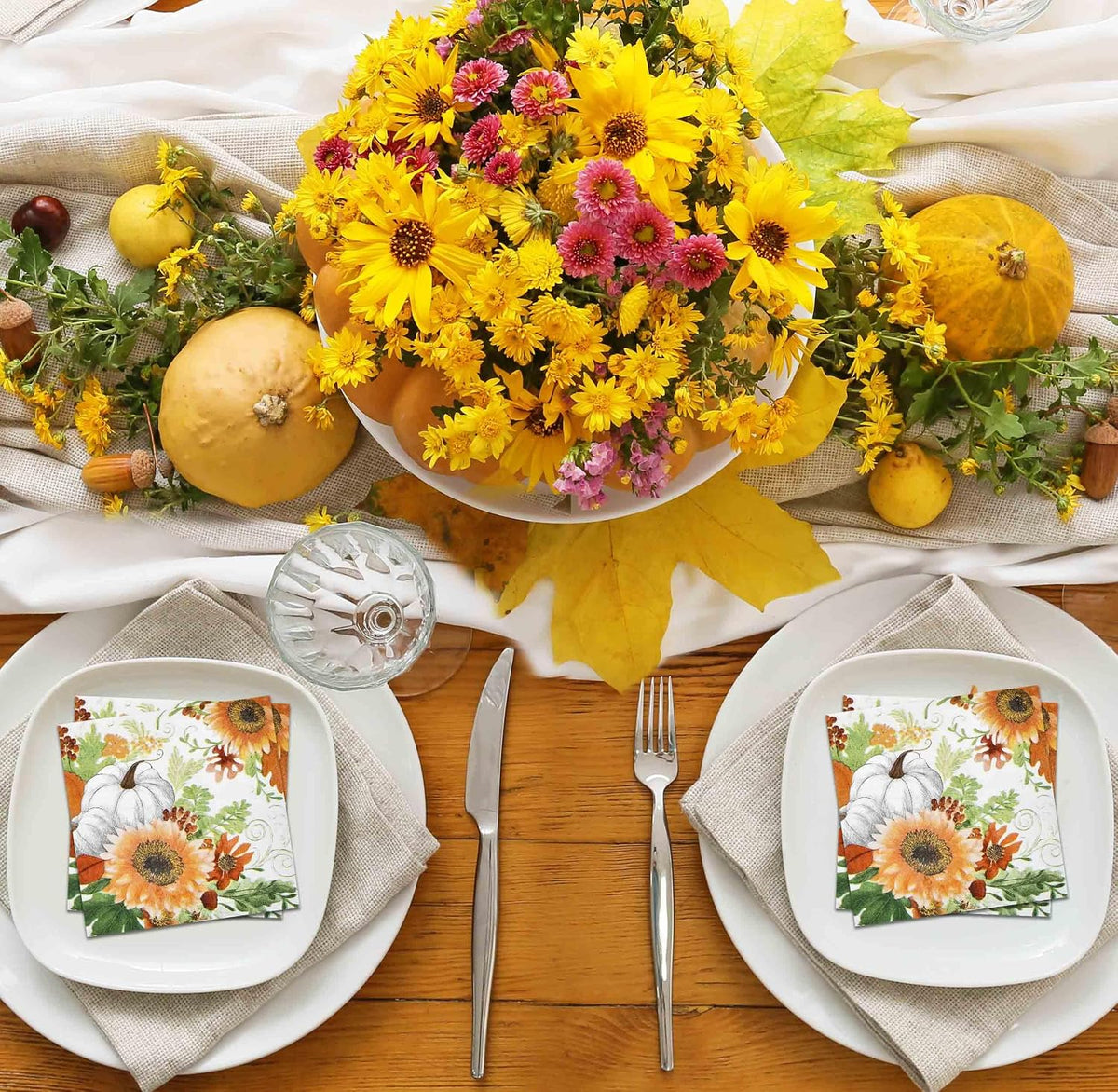 100 Fall Pumpkin Sunflower Cocktail Napkins, Thanksgiving Disposable
