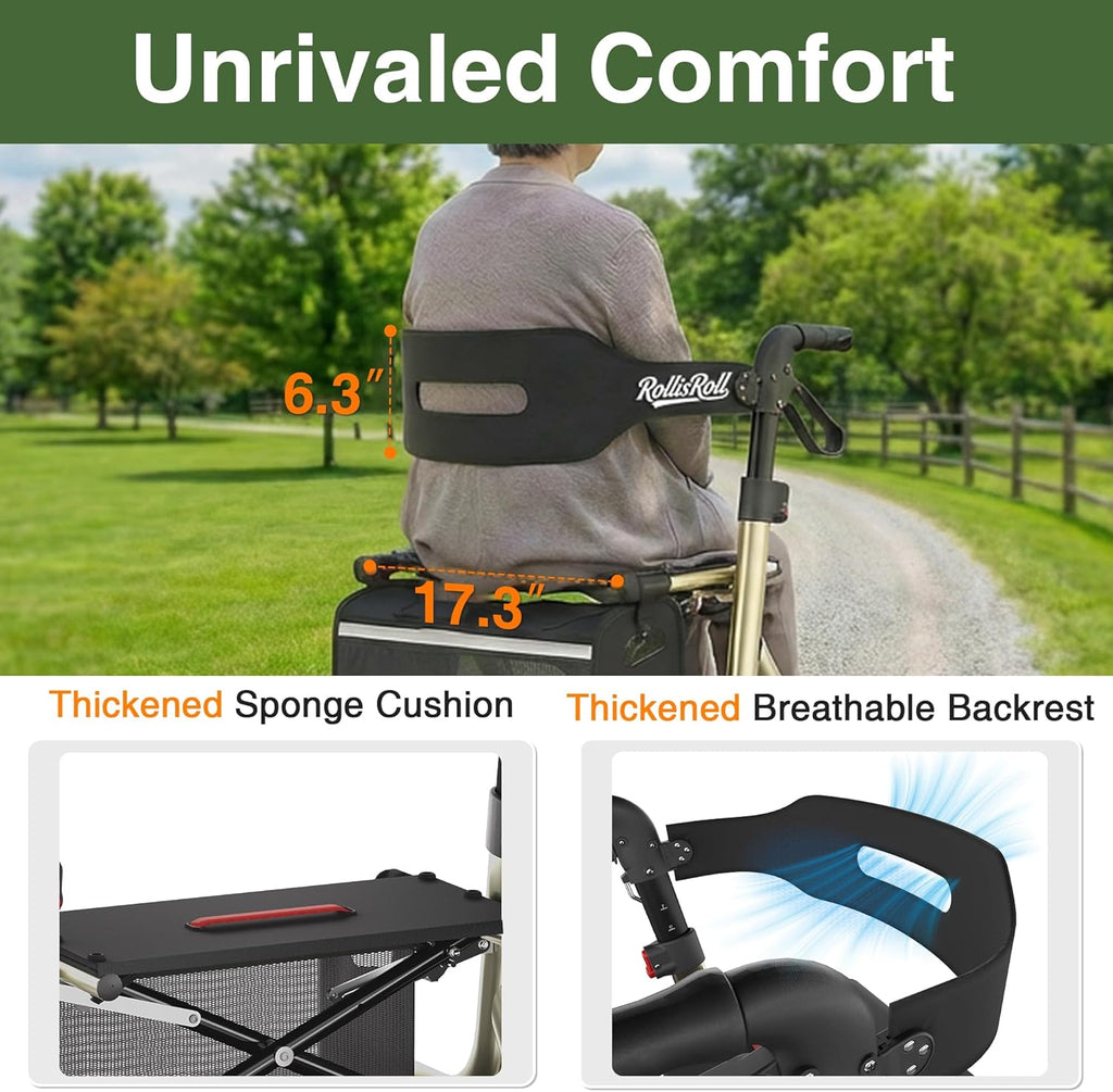 Walkers for Seniors, Rollator Walker with Seat, 12" Big Rubber Wheels All Terrain Rolling Walker with Backrest