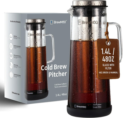 Airtight Cold Brew Coffee Maker Pitcher, 1.4L/48Oz Thick Glass Carafe with Filter, Comfort Sturdy Handle & Wide