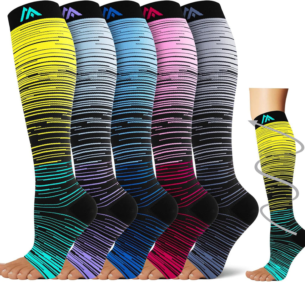 5 Pairs Open the toe Compression Socks for Men & Women 20-30 mmHg Graduated Compression Stockings for Sports Running
