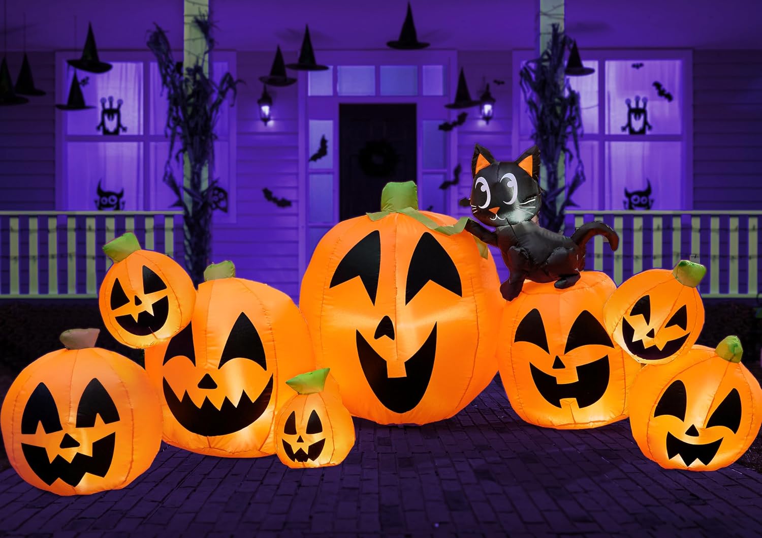10 FT Long Halloween Inflatables Outdoor Decorations, Blow Ups Inflatable Pumpkin for Yard with Witch's Cat, 8 Pcs