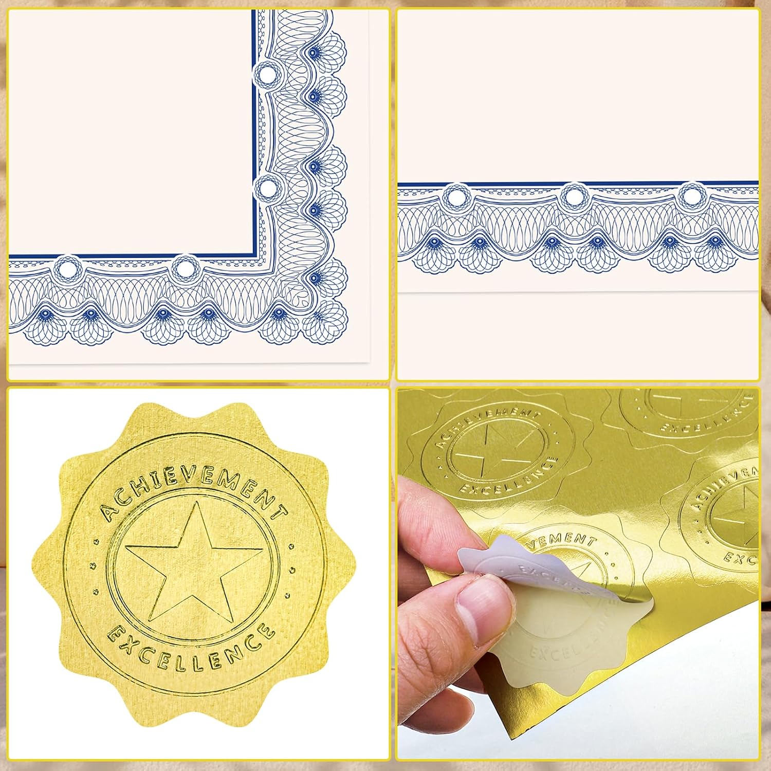 100 Sheets Certificate Paper with Gold Seals, 8.5 x 11 in, Navy Blue Border | 180Gsm Printable Cardstock, Compatible