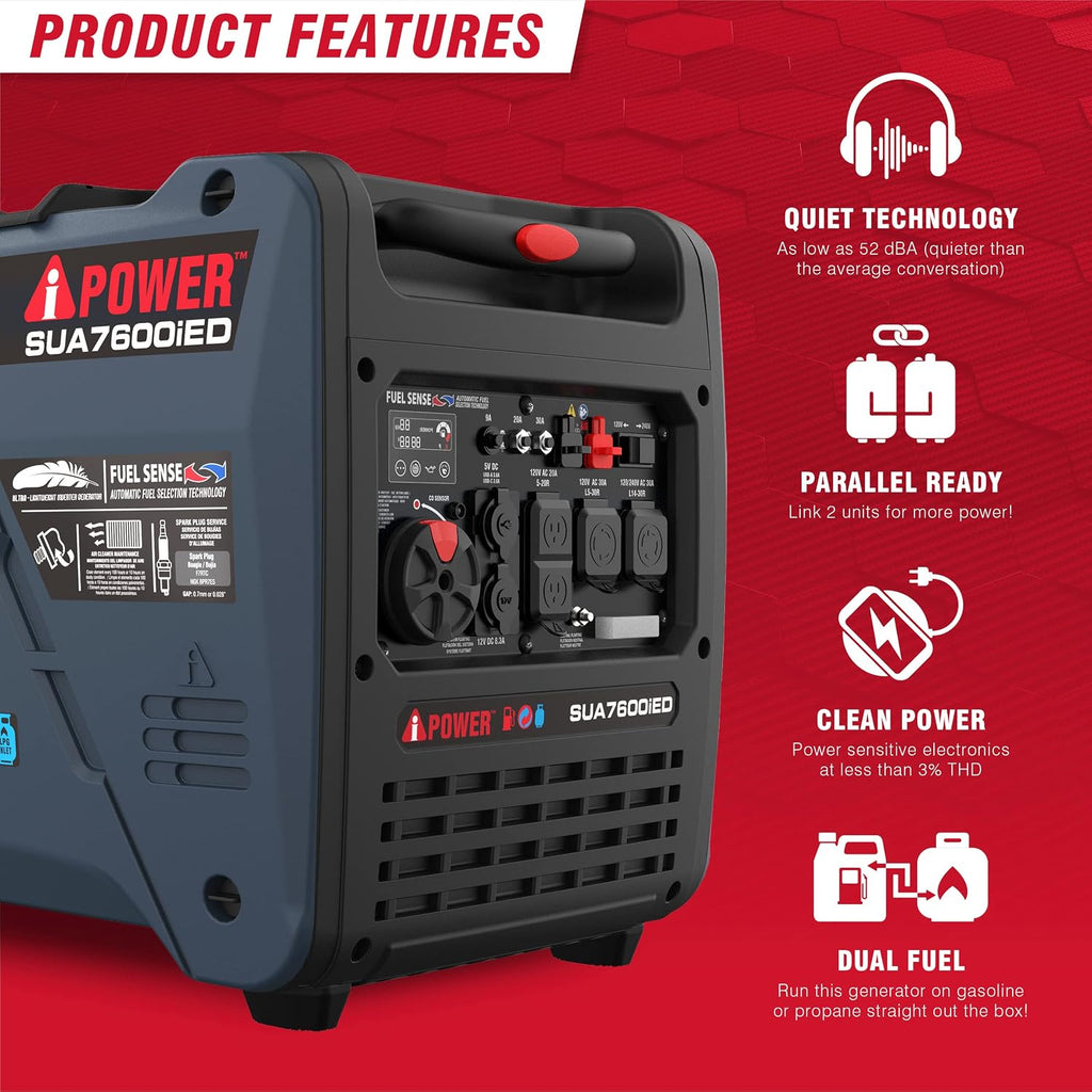 7600W Dual Fuel Quiet Portable Inverter Generator, Electric Start RV Ready, EPA & CARB Compliant CO Sensor, With