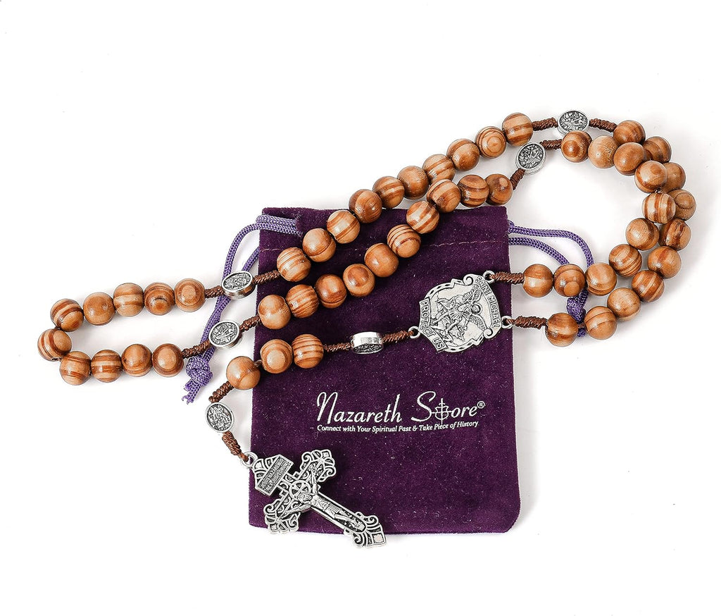 Nazareth Store Sacred St Michael Wood Beads Rosary Solid Wooden Prayer Chaplet with Cross Saint Medal & Silver Pardon