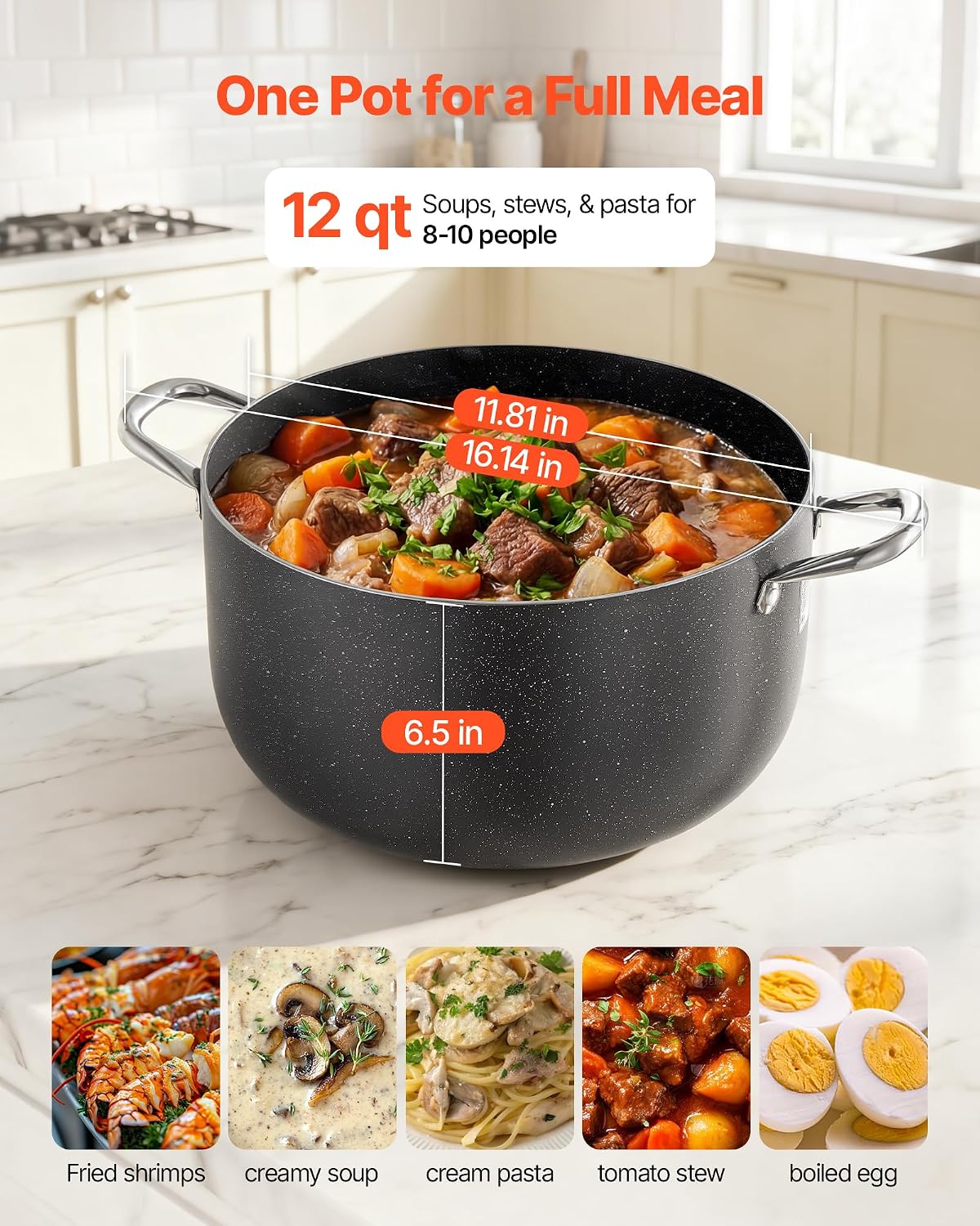 Aluminum Stock Pot, 12-Quart Nonstick Ceramic Coated Pot with Glass Lid, PFOA-Free, PFAS-Free, Compatible with Gas