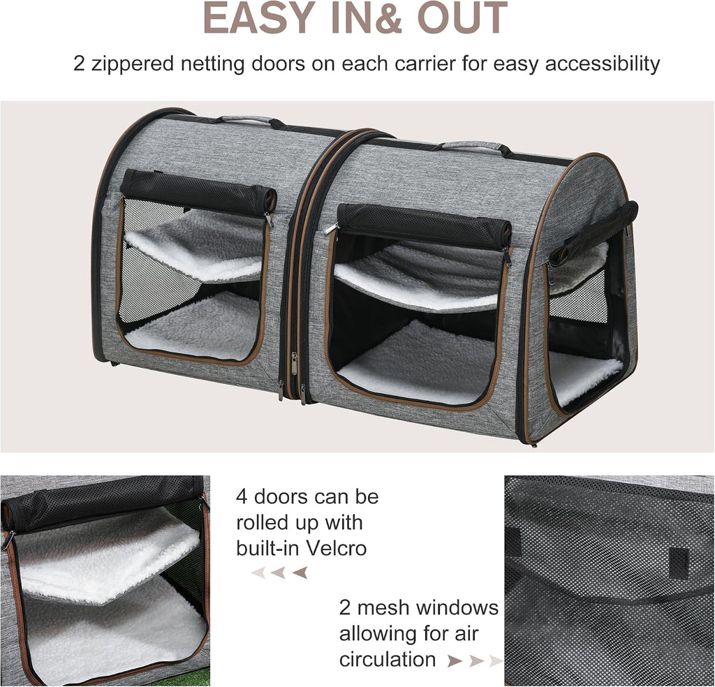 39" Portable Soft-Sided Cat Carrier, Two Compartments, Light Gray
