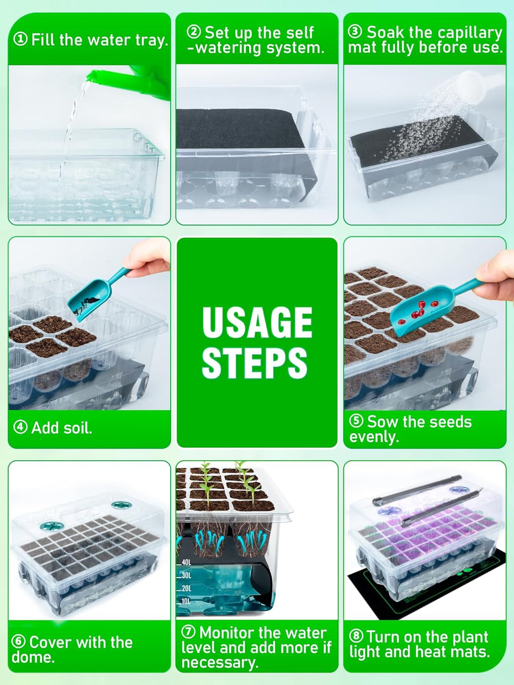Self-Watering Seed Starter Tray with Grow Light and Heat Mat, 80-Cell Plant Starter Trays Seed Starter Kit, Seed