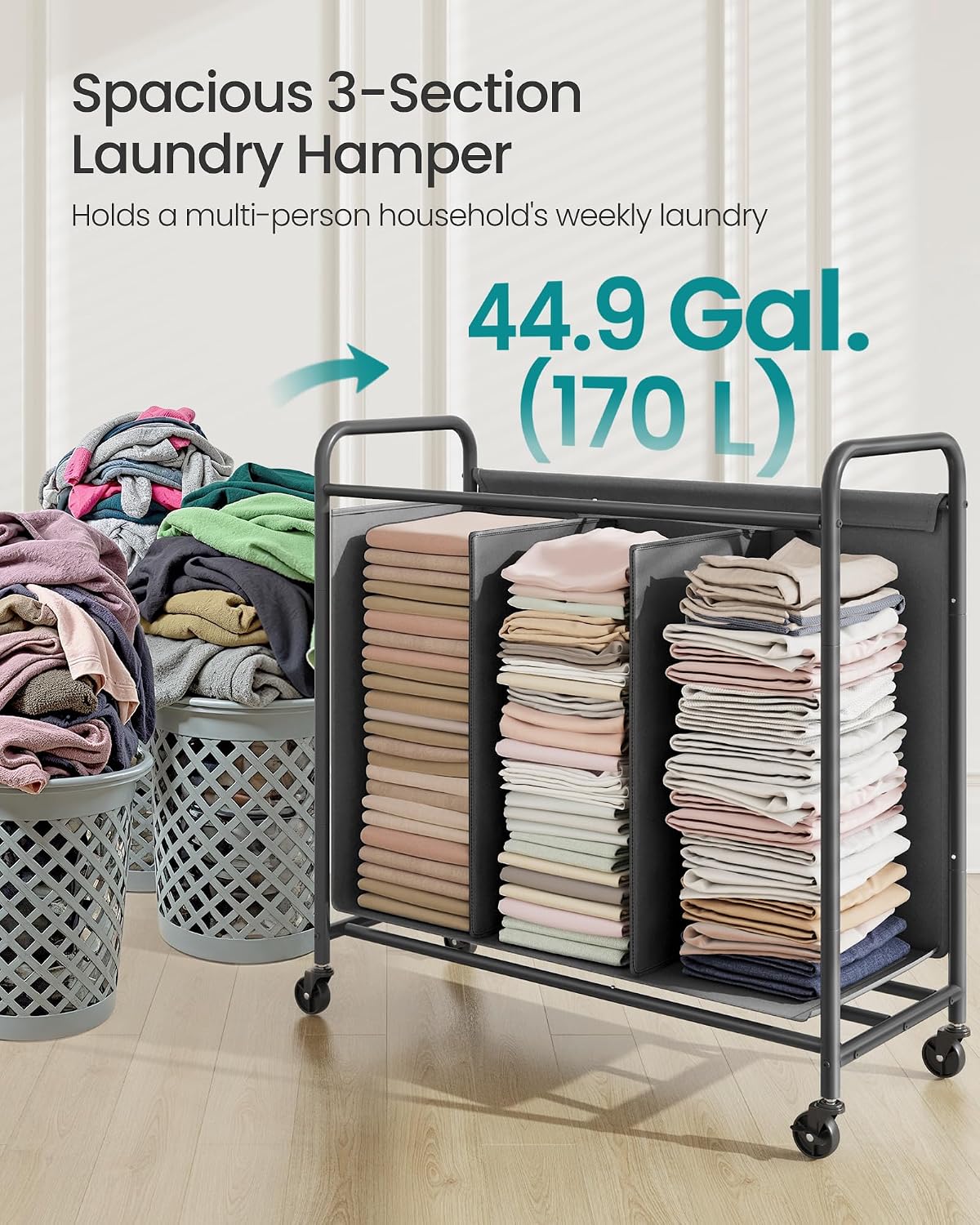 3-Section Laundry Sorter, Laundry Hamper with Wheels, Rolling Clothes Hamper Cart with Large Capacity and Removable Bags