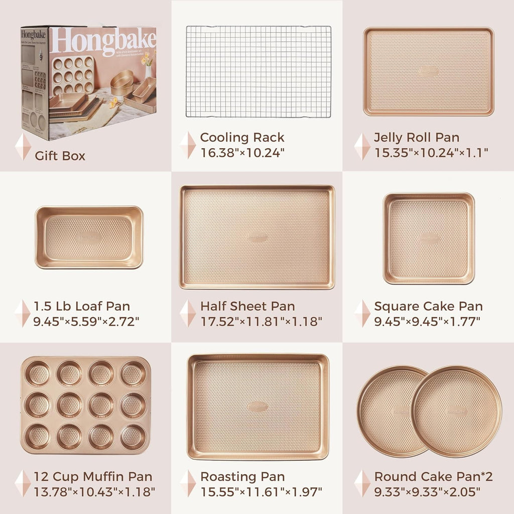9-Piece Baking Pans Set Nonstick, Stackable Non Toxic Bakeware Sets with Diamond Texture, Oven Pan Set for Cooking