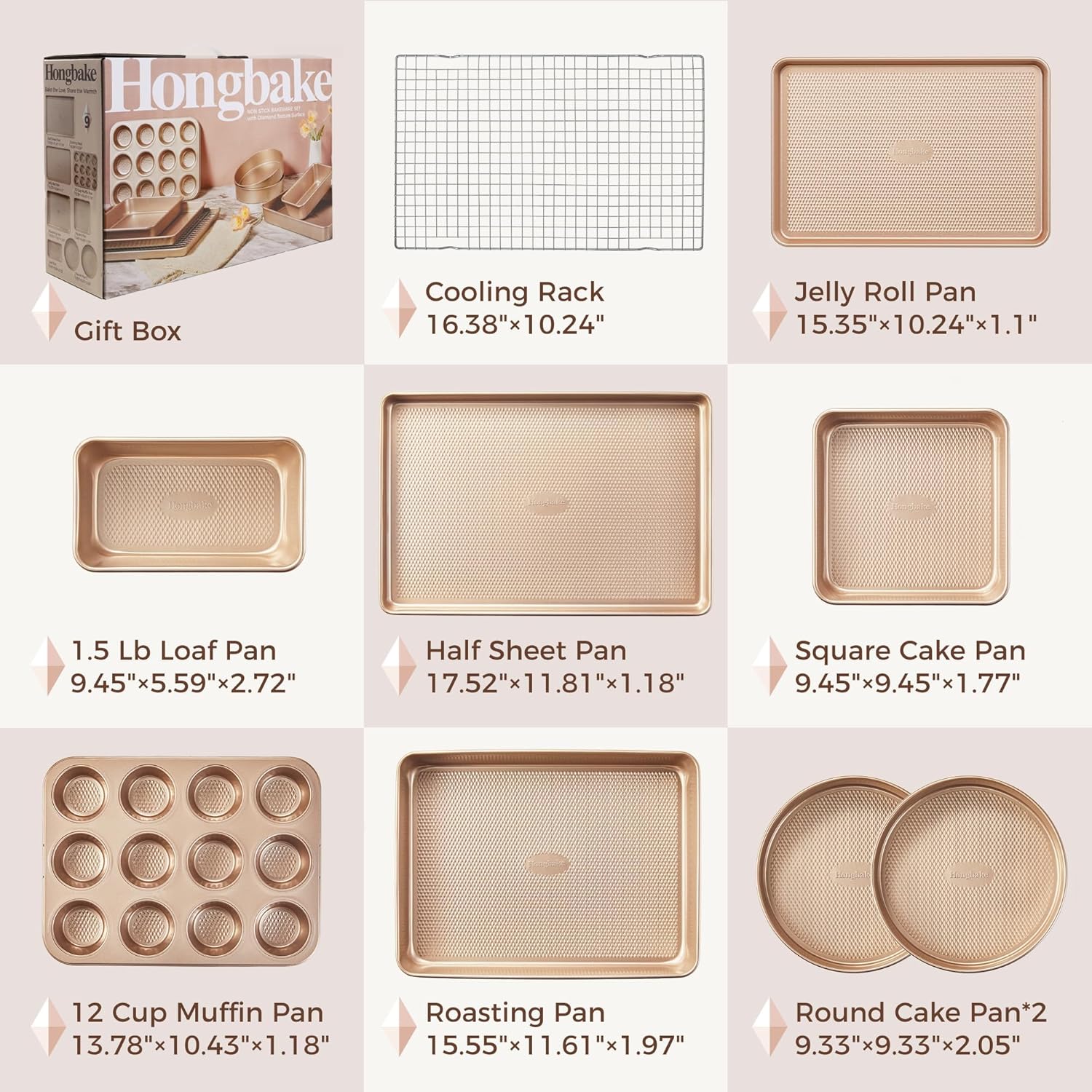 9-Piece Baking Pans Set Nonstick, Stackable Non Toxic Bakeware Sets with Diamond Texture, Oven Pan Set for Cooking