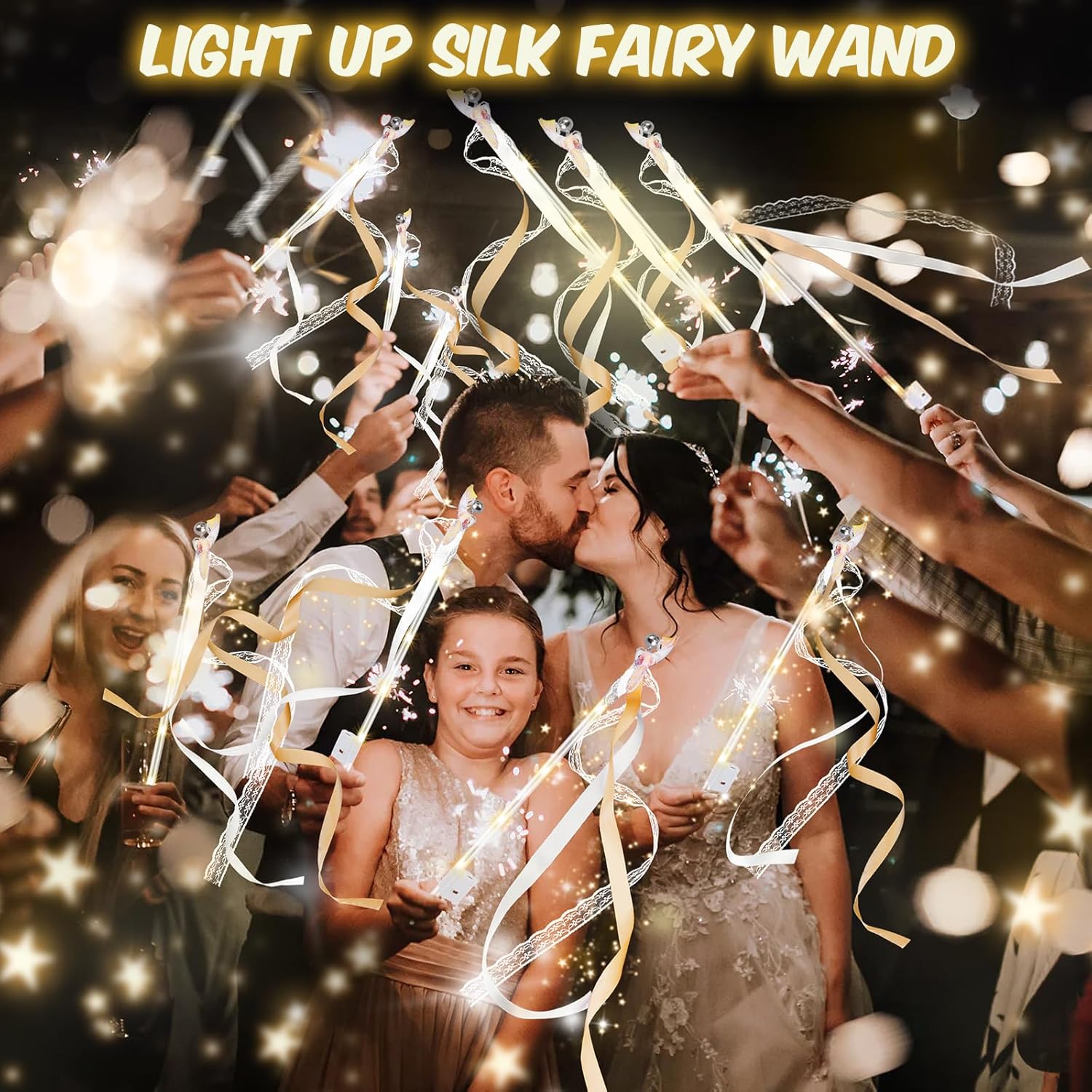 100 PCS Wedding Wands with Lights,Fairy Wands, LED Silk Fairy Wand with Bells for Wedding Send Off, New Year, Raves