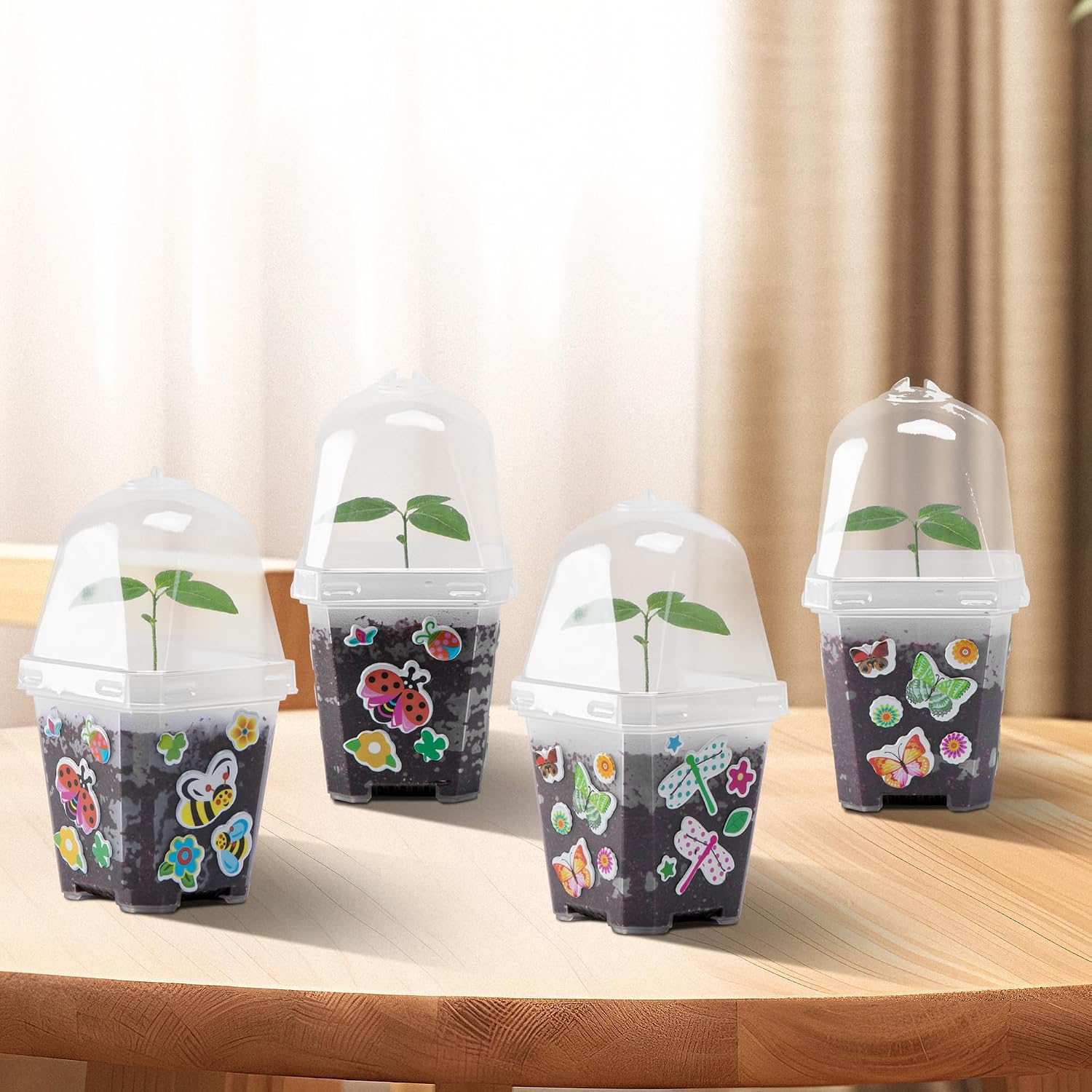 10 Pack 3 Inch Clear Plant Nursery Pots with Humidity Domes | Reusable Plastic Gardening Pot with Printed Labels
