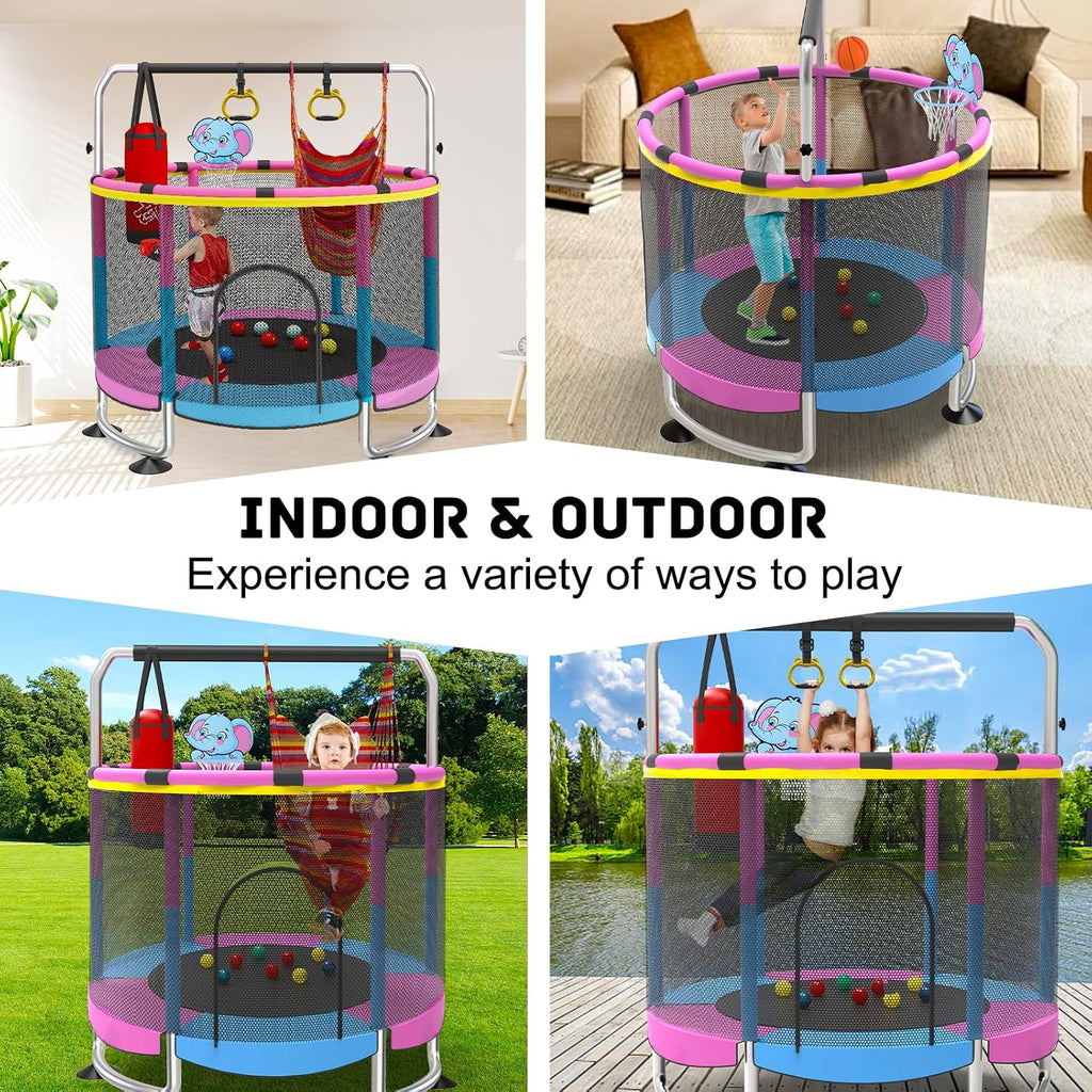 60" Toddler Trampoline, Indoor Trampoline for Kids with Safety Enclosure, 440LBS Support, Adjustable Gymnastics Bar &