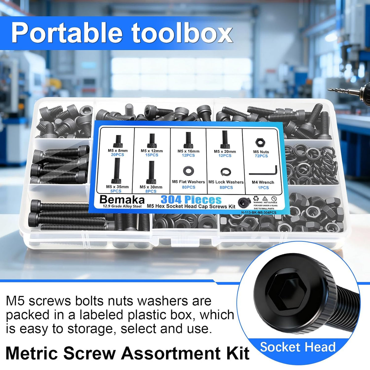 304PCS M5 Screws Kit with Nuts and Washers, M5x8/12/16/20/30/35mm