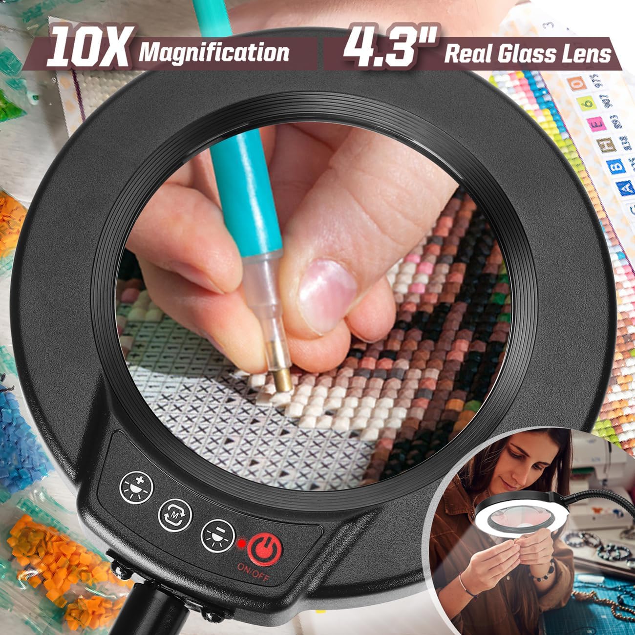 10X Magnifying Glass with Light and Stand, 5 Color Modes Stepless Dimmable LED Lighted Desk Lamp, Hands Free