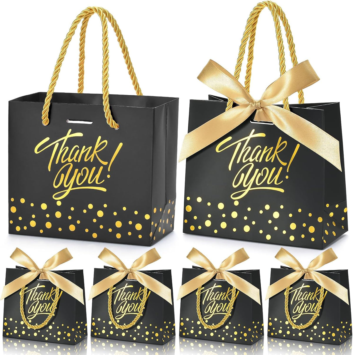 50Pcs Small Thank You Gift Bags with Handles & Bows, Black/Gold