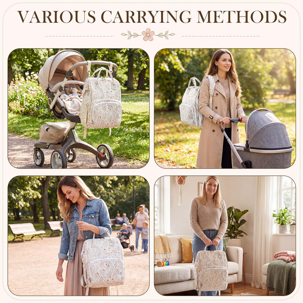 Light White Floral Diaper Bag Backpack Mom Cute Diaper Bag