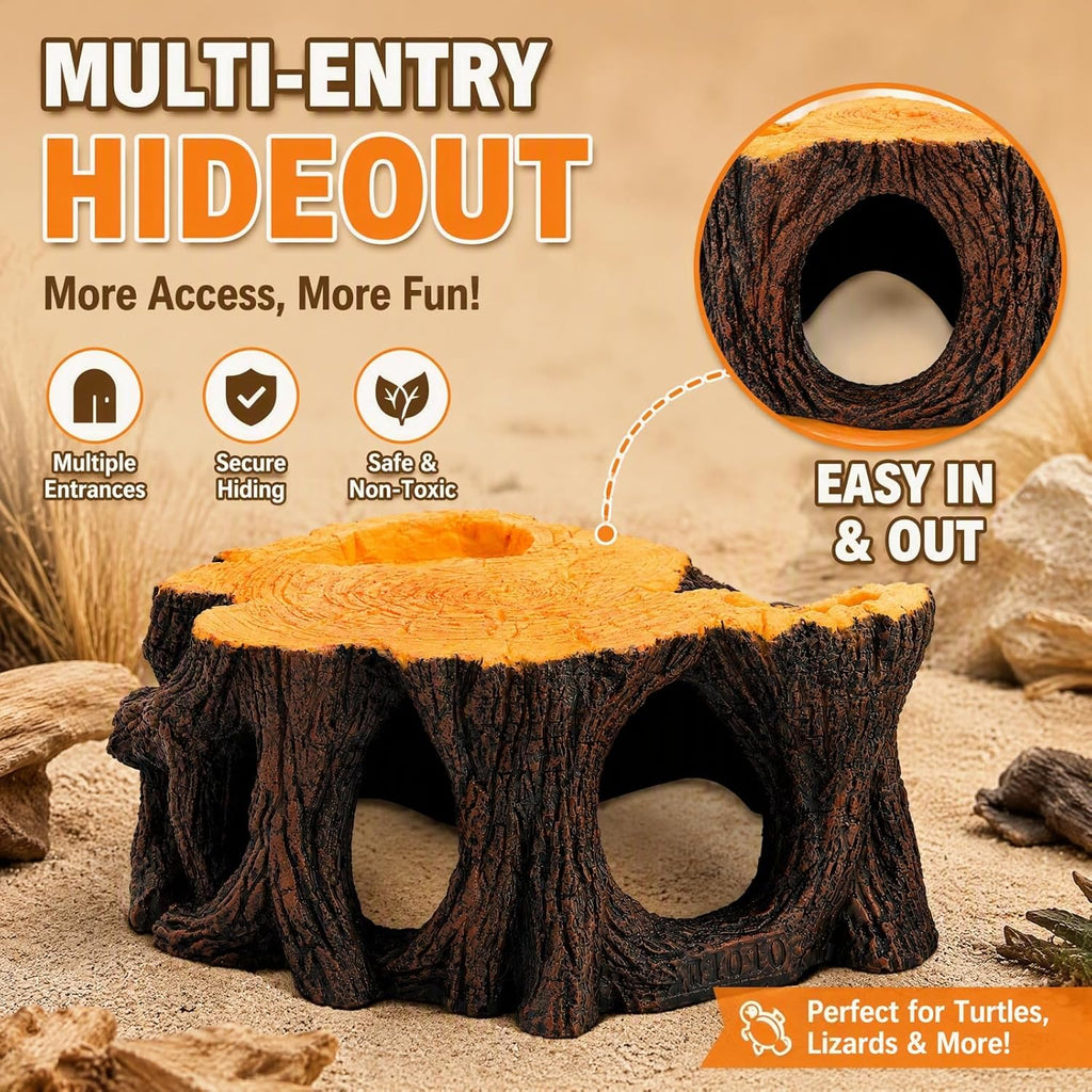 Reptile Hide Cave, 3 in 1 Tree Stump with Basking Platform