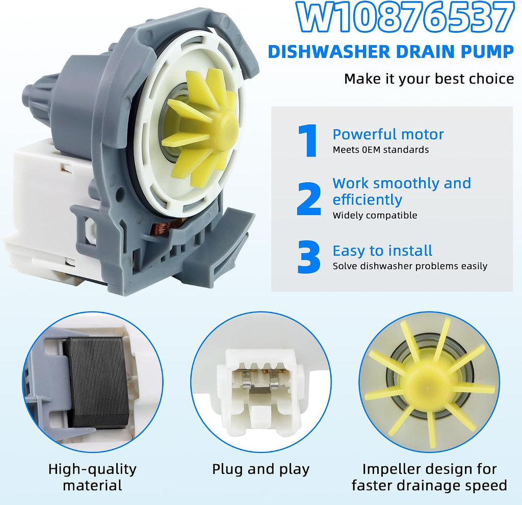 W10876537 Dishwasher Drain Pump Fit for Whirl-pool may-tag Ken-more