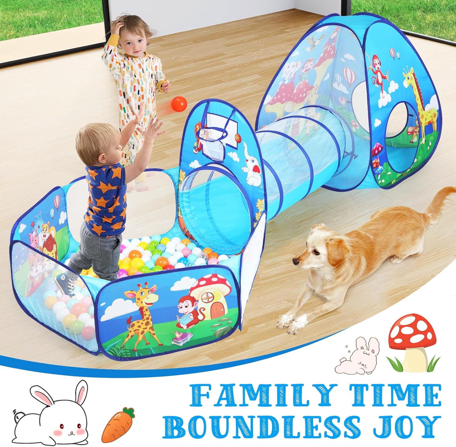 3 in 1 Kids Play Tent with Tunnel and Ball Pit for Boys Girls, Toddler Pop Up Playhouse Toy for Indoor Outdoor