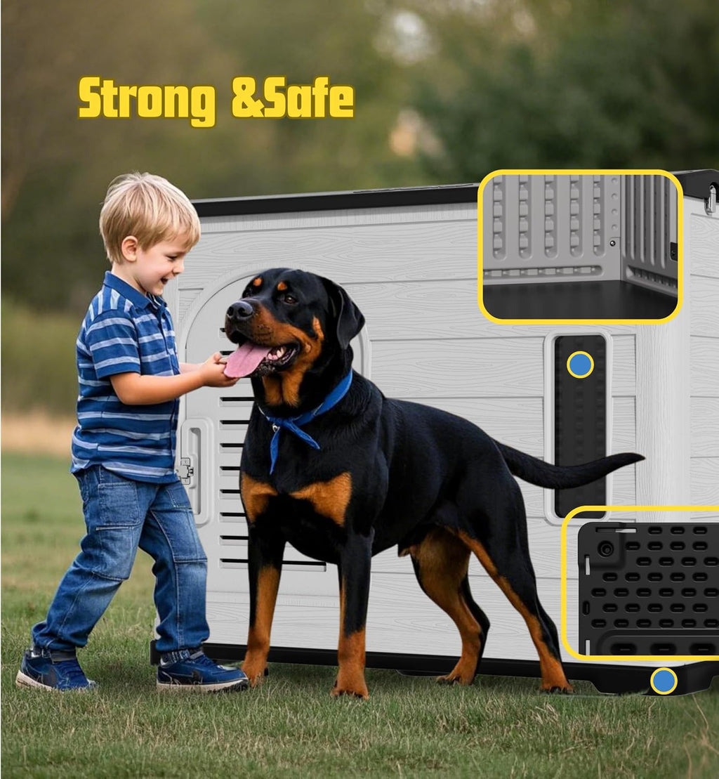 XLarge Durable Plastic Dog House for Big Dogs - Indoor Outdoor Double-Layer Insulated Doghouse with Open-Top Cover