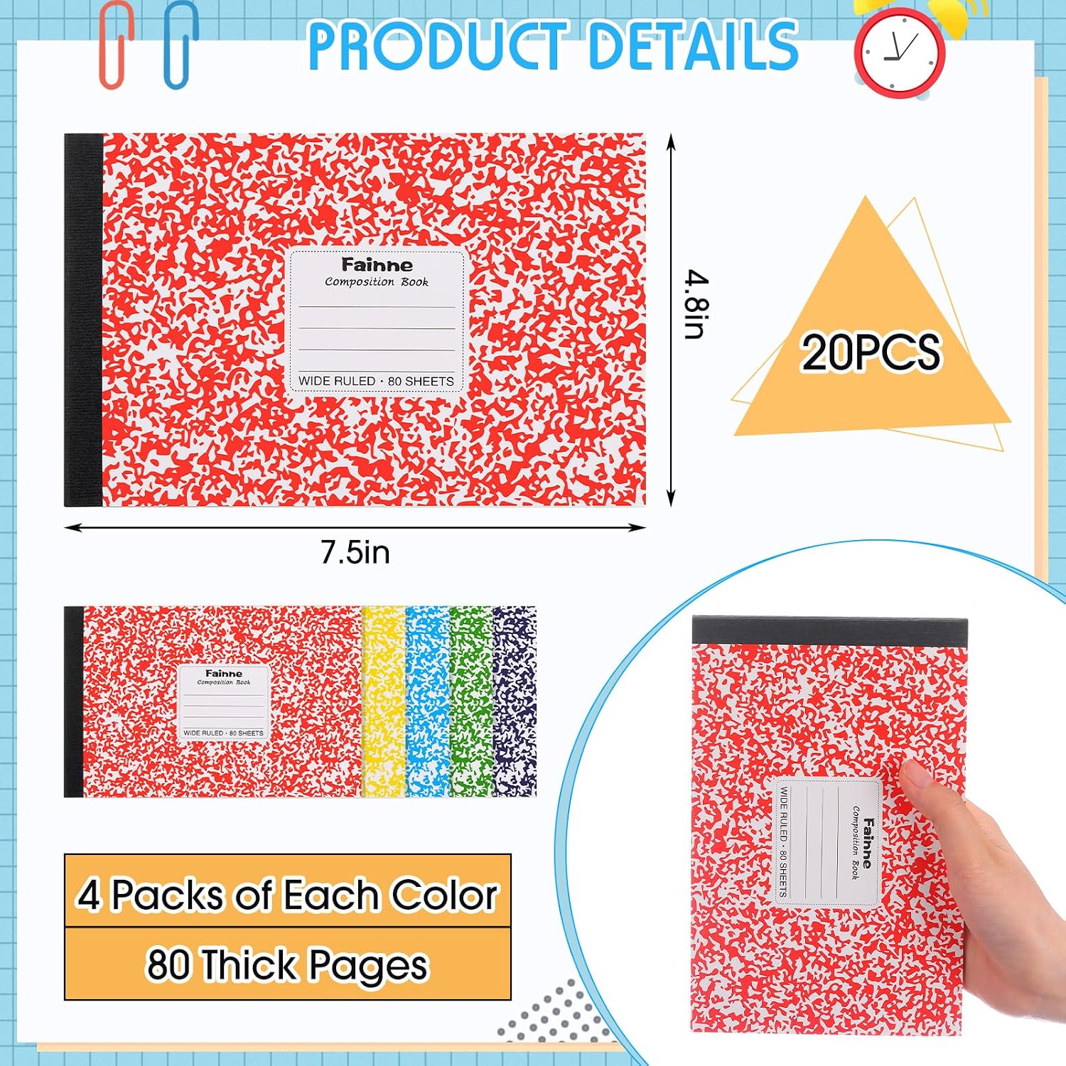 20 Pieces Composition Notebooks 80 Pages Half Size Wide Ruled 4-7/8 x 7-1/2" Composition Books 11/32" Spacing