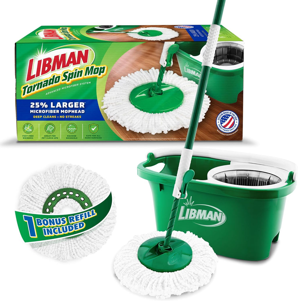 Libman Tornado Spin Mop System and 1 Refill, Mop and Bucket with Wringer Set for Hardwood Floor Cleaning, 2 Total