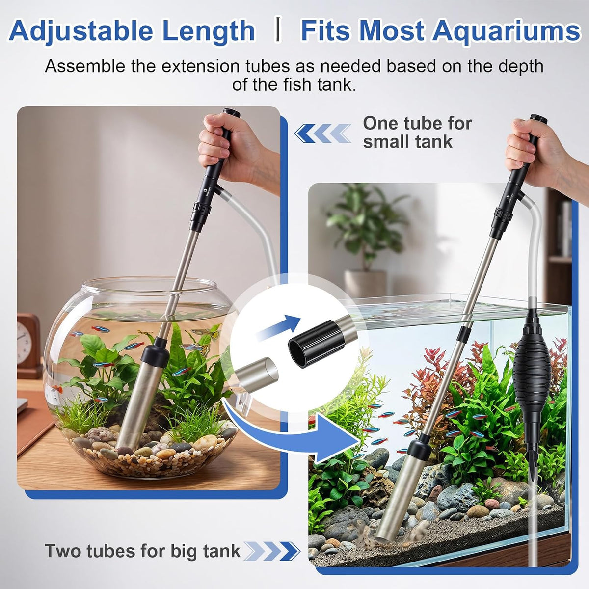 5-in-1 Aquarium Siphon Gravel Vacuum Kit with Fish Net, 3 Heads