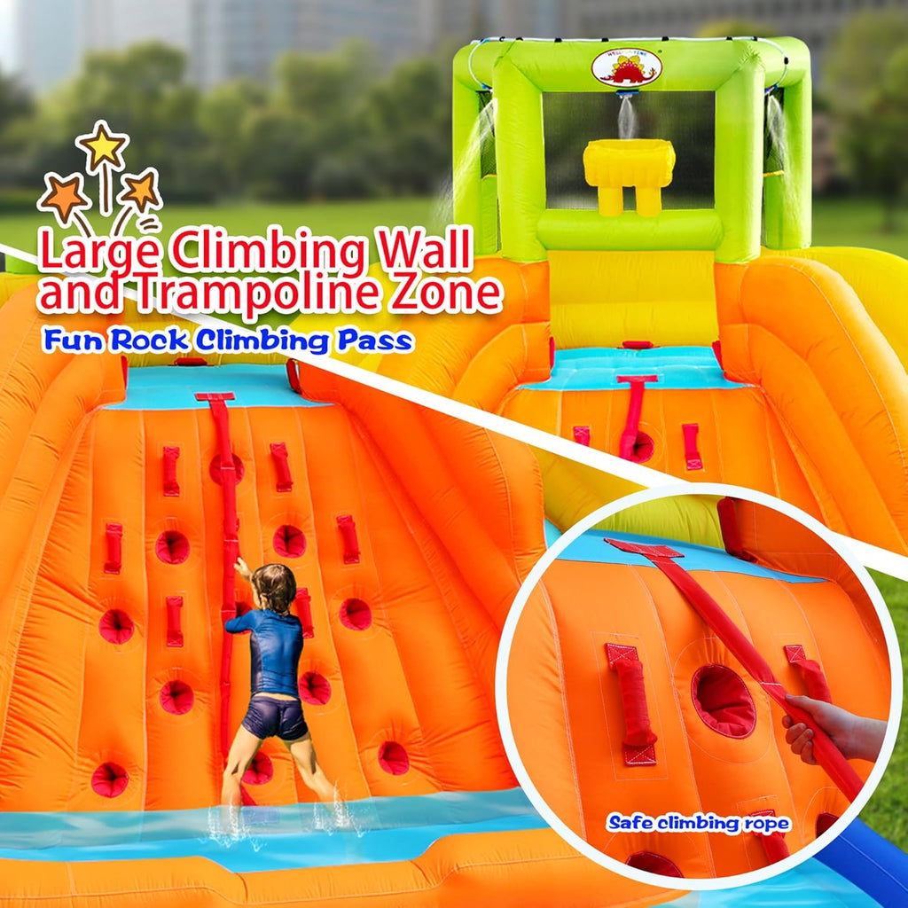 Inflatable Water Slide, Bounce House with Water Bucket, Deep Pool, Climbing Wall with Rope, Bouncy Castle with Air