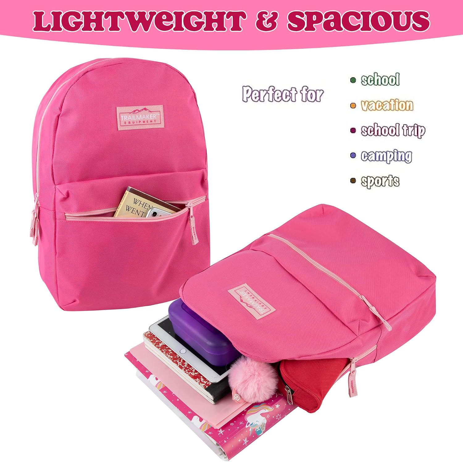 Classic 17 inch Backpacks with Adjustable Padded Straps | School Backpacks for Girls, Boys (Pink)