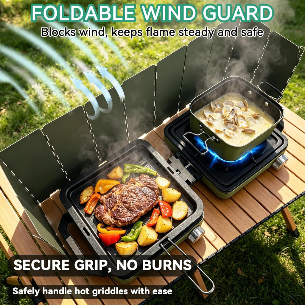 2 Burner Portable Propane Camping Stove Kit, 24000 BTU Foldable Hiking Stove with Frying Pan, Pot, Windshield & Carry