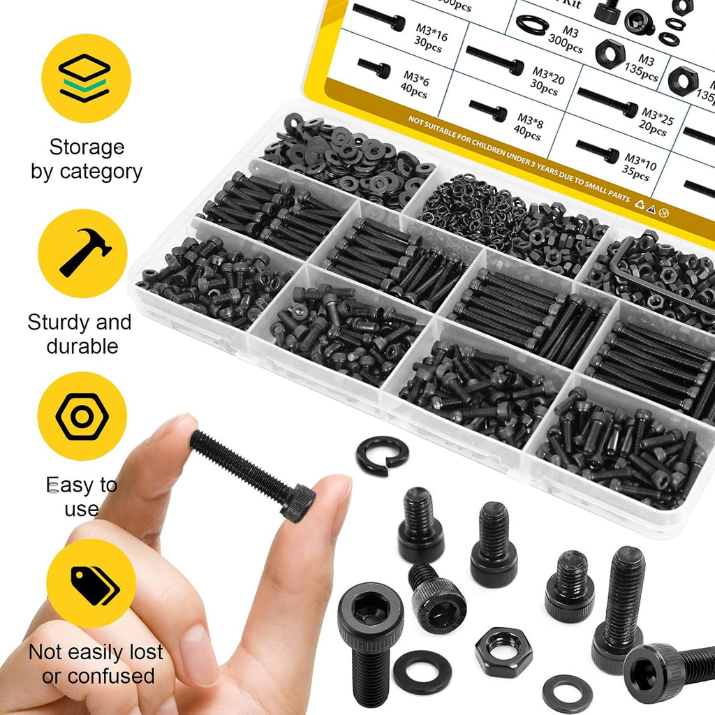 1120PCS M3 Socket Screws Assortment Kit,M3x6/8/10/12/16/20/25/30 mm