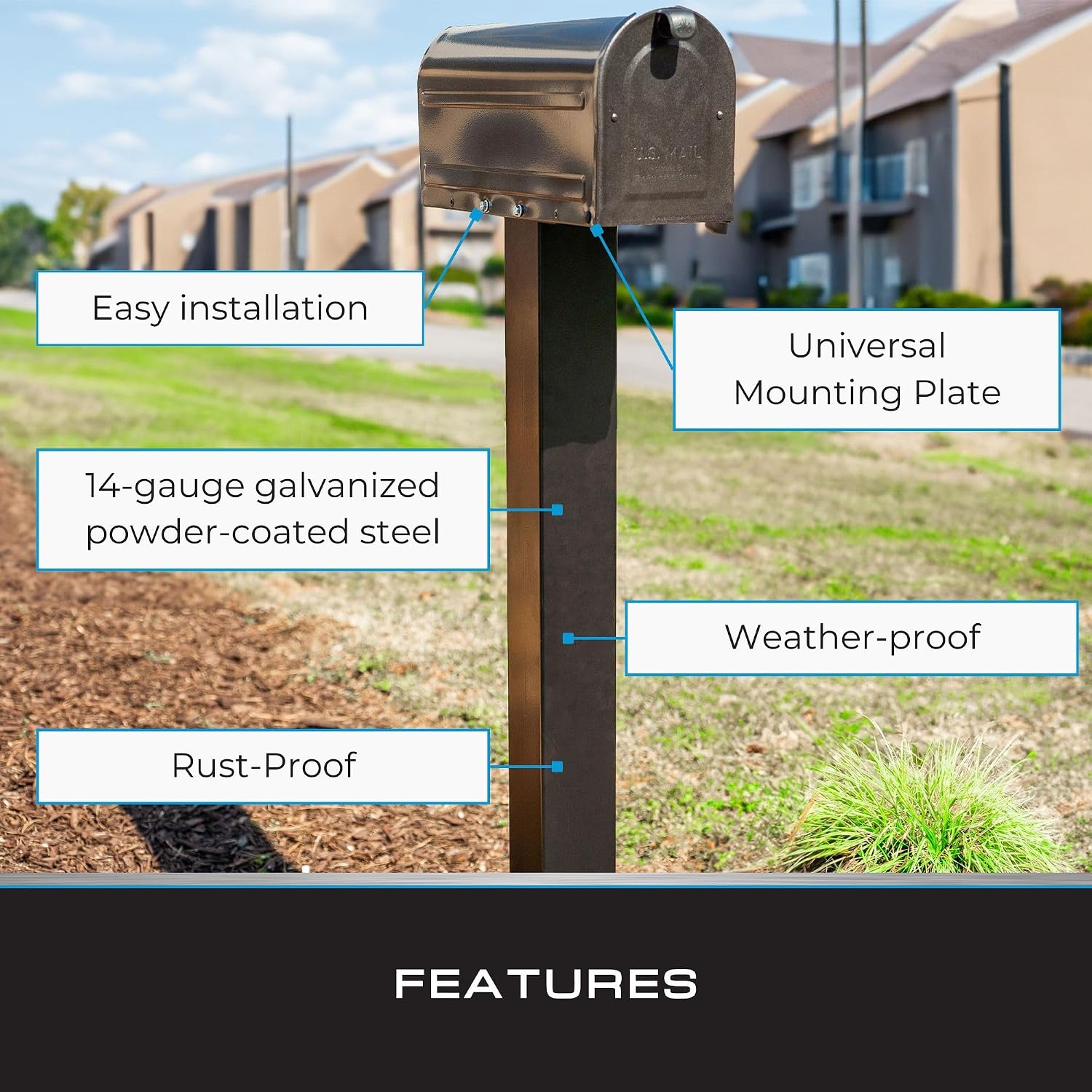 Mailbox Post and Mount | Galvanized Powder-Coated Steel Post and Universal Mounting Plate for Mailbox | Black