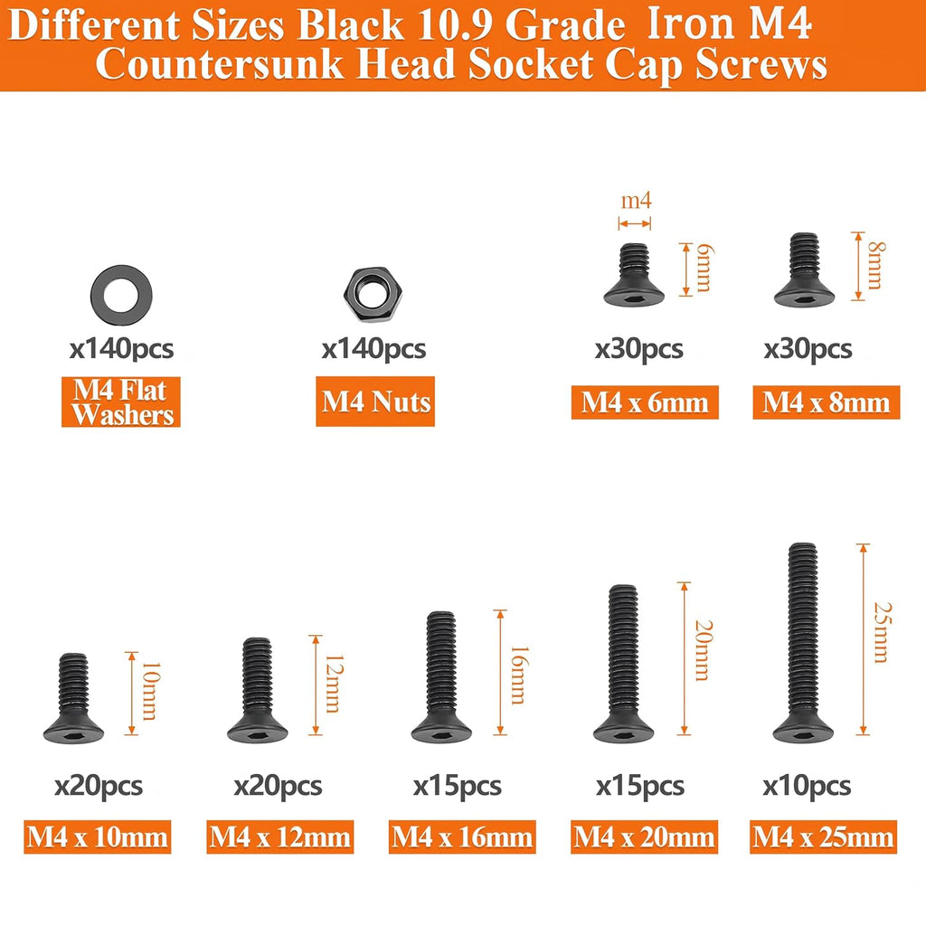 420PCS M4 Countersunk Hex Socket Screws Grade 10.9 Carbon Steel