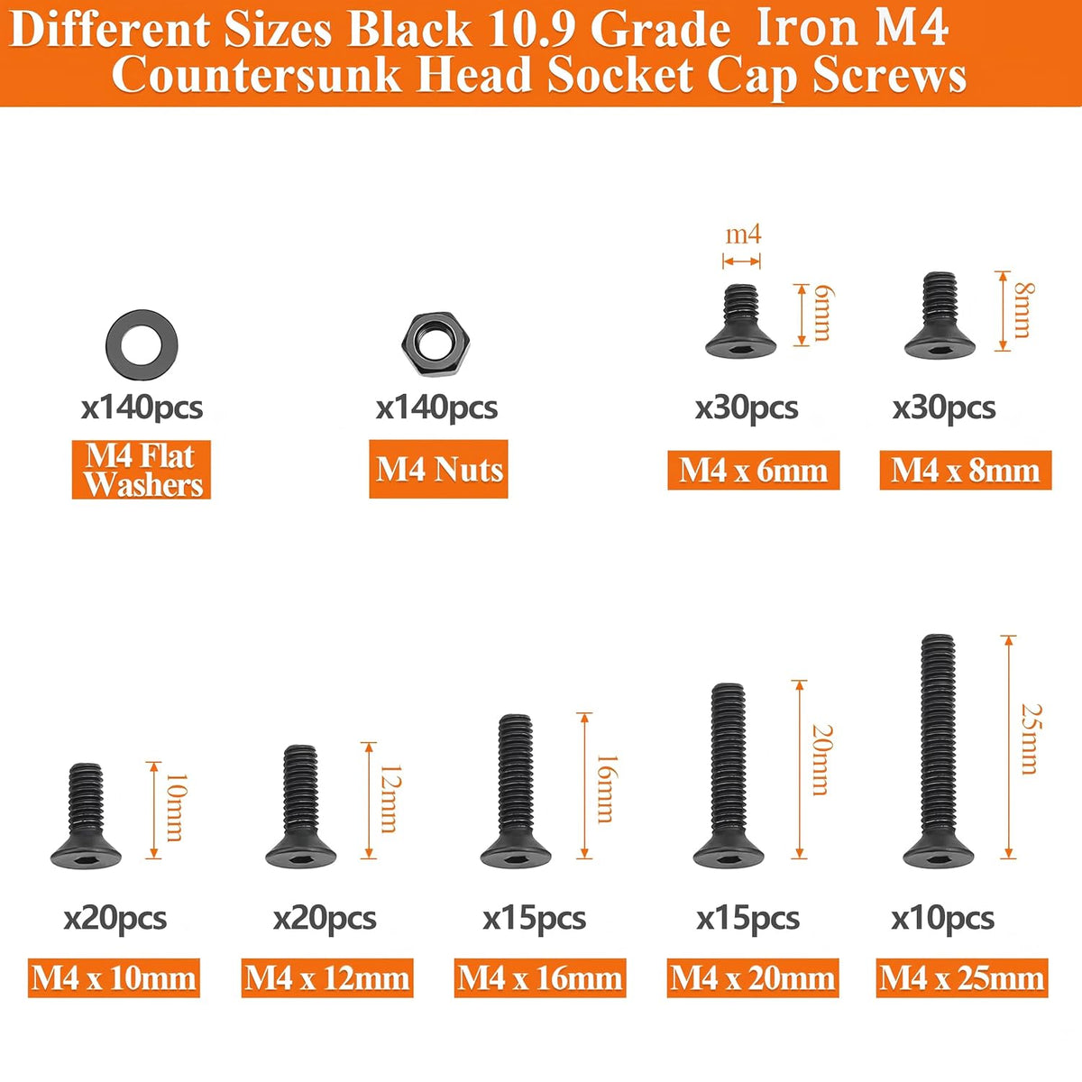 420PCS M4 Countersunk Hex Socket Screws Grade 10.9 Carbon Steel