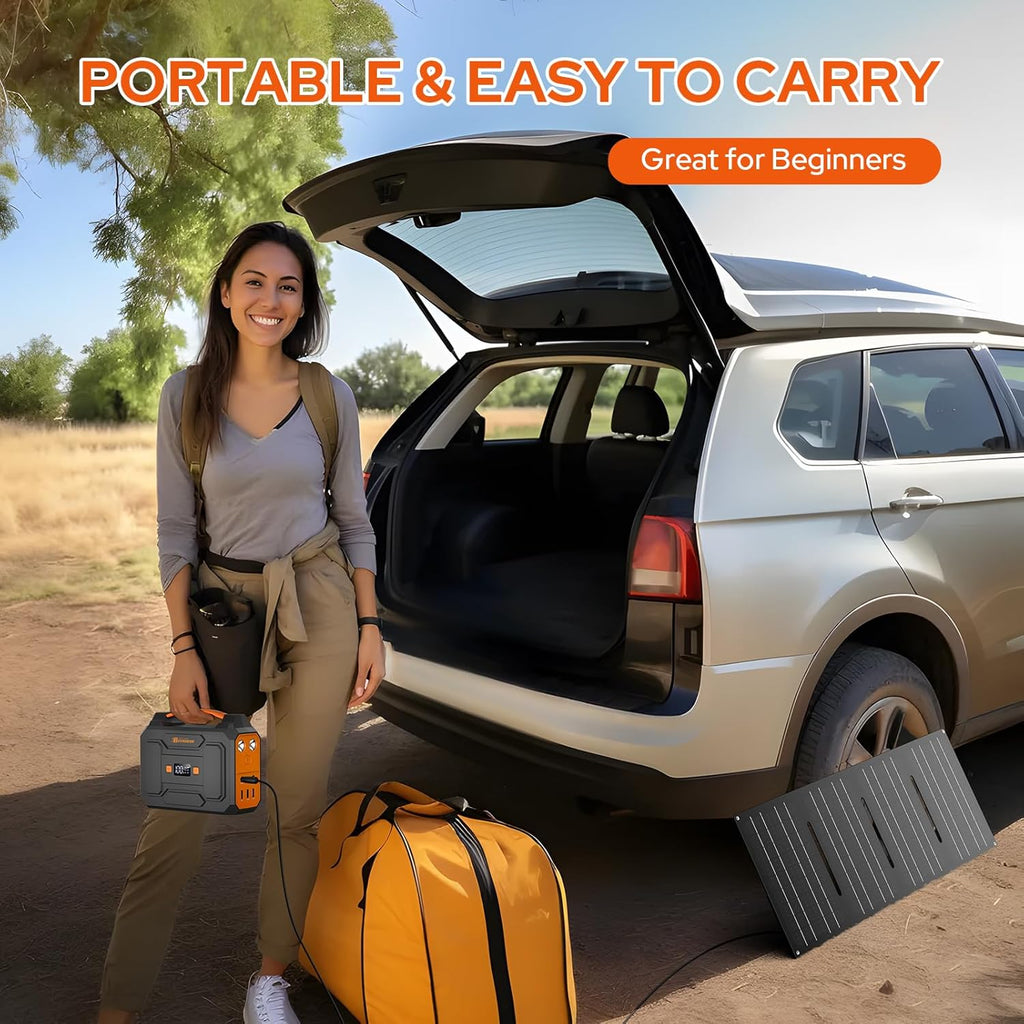 Portable Solar Generator with Panel, 300W Portable Power Station with Foldable Solar Panel 40W, 110V AC Outlet 100W