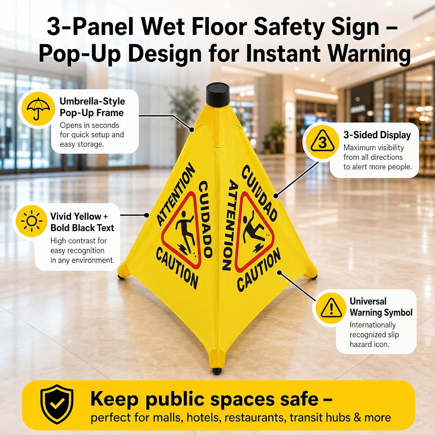 Caution Wet Floor Sign, 8 Pcs 20 inch Pop up Wet Floor Sign, Foldable Yellow Safety Warning Caution Cone, Commercial