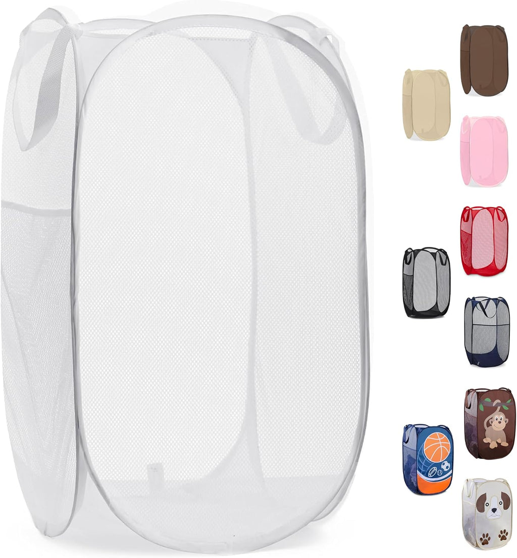 Pop Up Laundry Hamper 71L Sturdy Collapsible Mesh (White) | Collapsible Mesh Pop Up Hamper, Wide Opening, Side