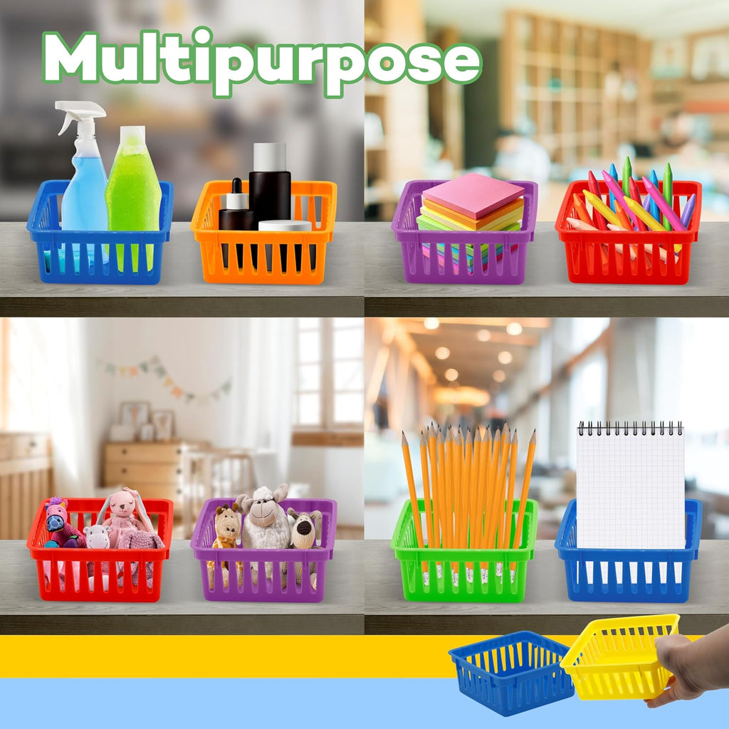 12 Pack Small Classroom Storage Baskets, Square 4.5" Sturdy Plastic Colorful Crayon & Pencil Container, Organizer